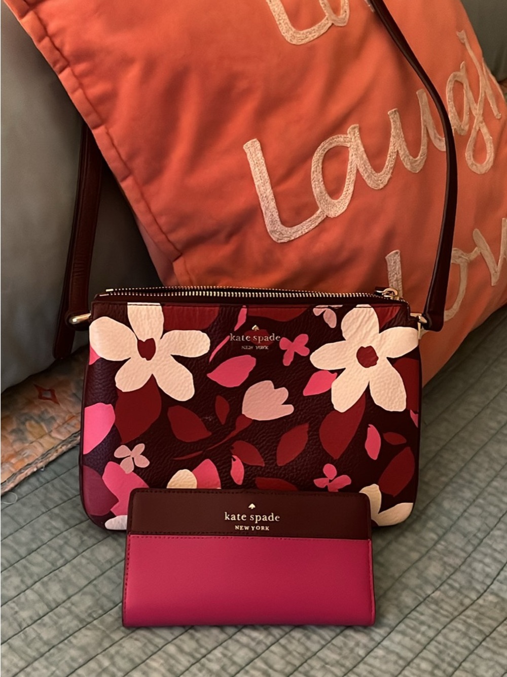 kate spade Floral Crossbody and Matching Wallet in Burgundy, Pink, Cream
